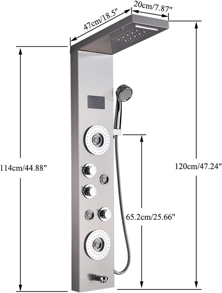 Stainless Steel 6 Functions Shower Panel Tower LED Rainfall Massage System Jets