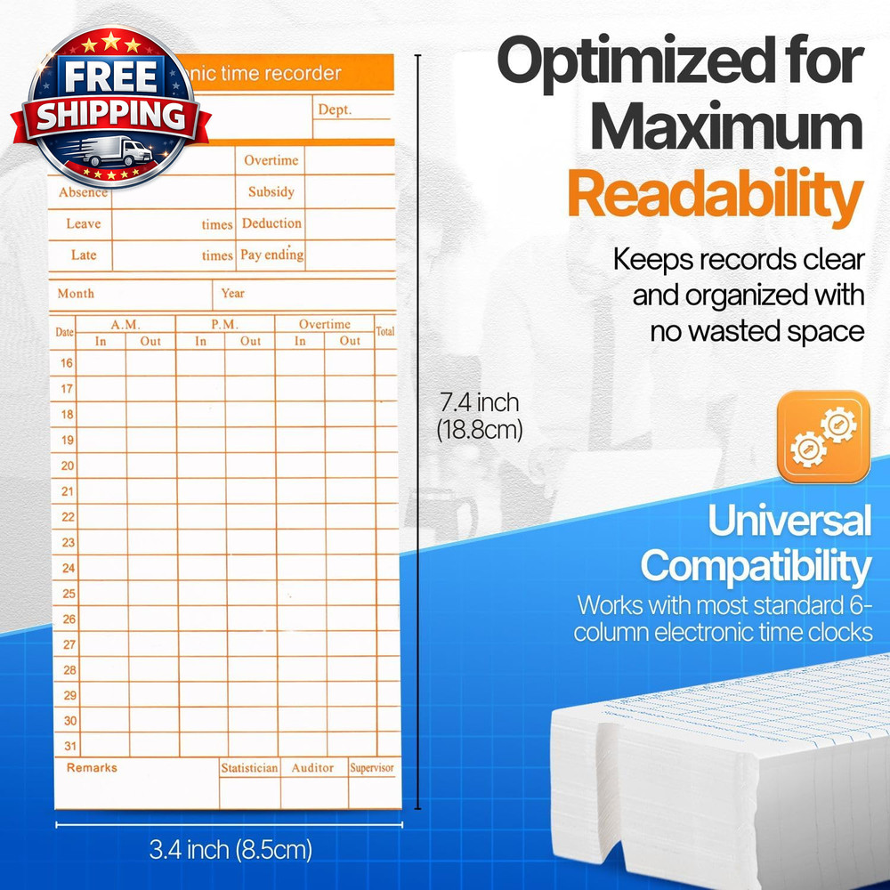 100 Pack Monthly Time Cards - 6 Column Time Sheets for Accurate Tracking