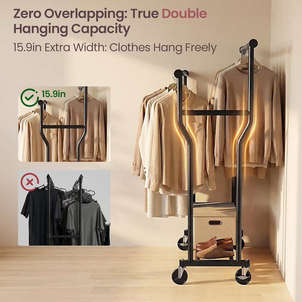 Clothes Rack, Double Rods Rolling Clothing Rack for Hanging Clothes Load 260 LBS