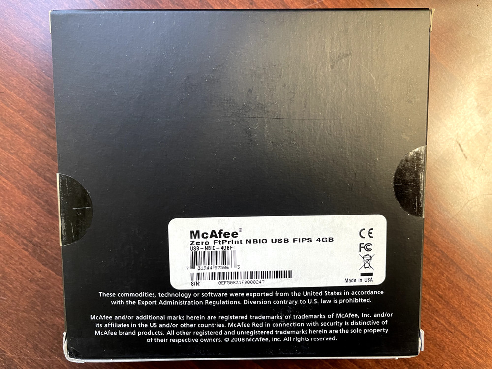 McAfee Encrypted USB-NBIO-4GBF Zero FtPrint NBIO USB FIPS 4GB NEW
