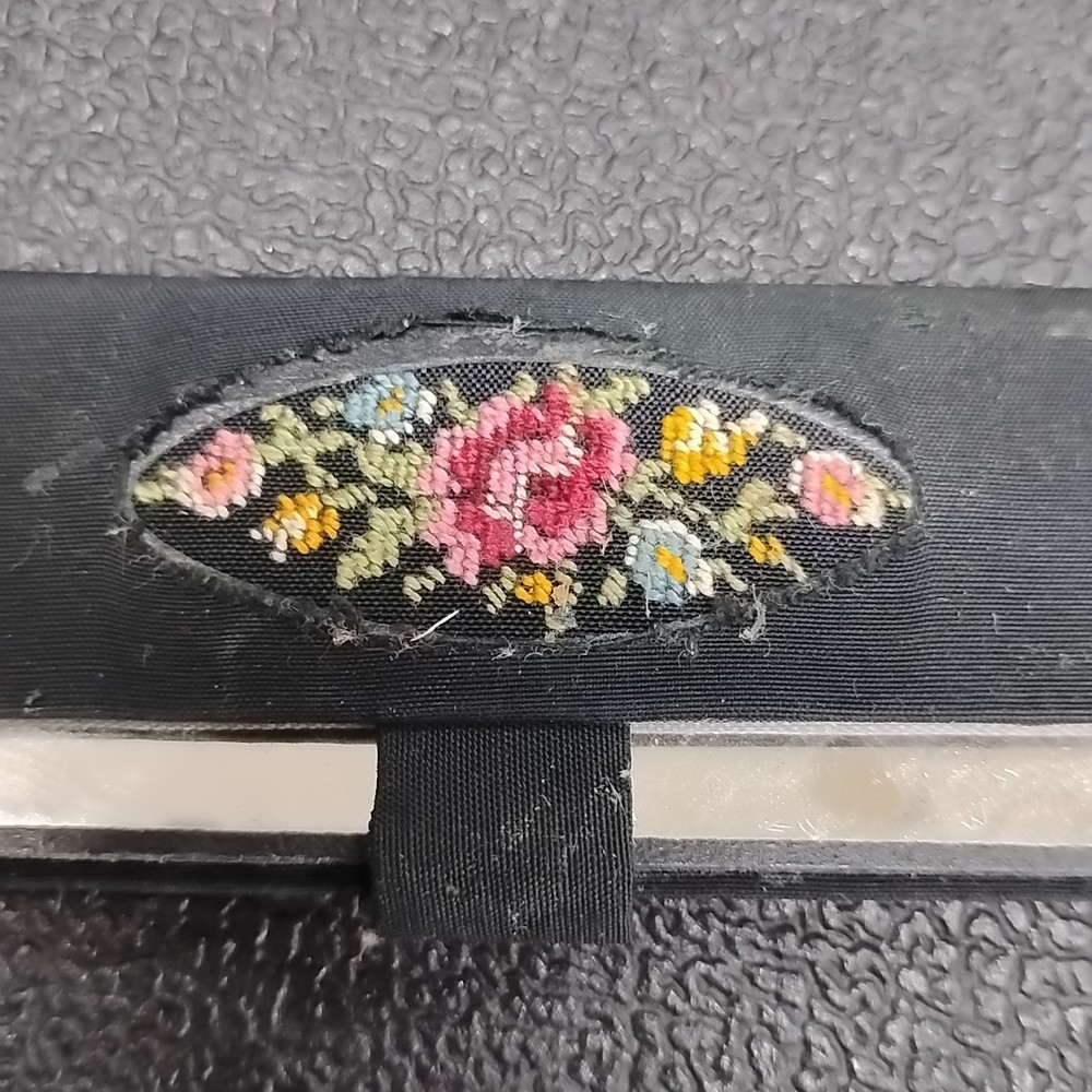 Vintage Black Crochet Floral Pattern Compact Mirror With Folding Case, DAMAGED