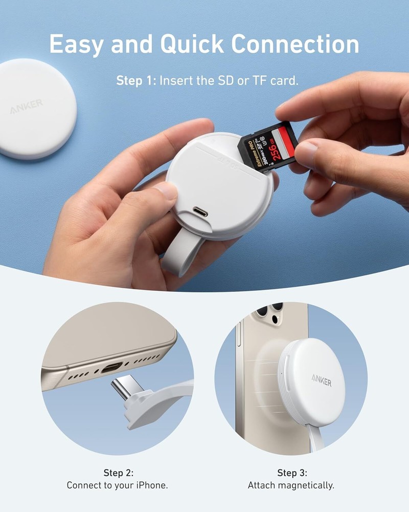 Anker Magnetic Memory Card Reader Built-in Cable USB-C Adapter for iPhone 16/15