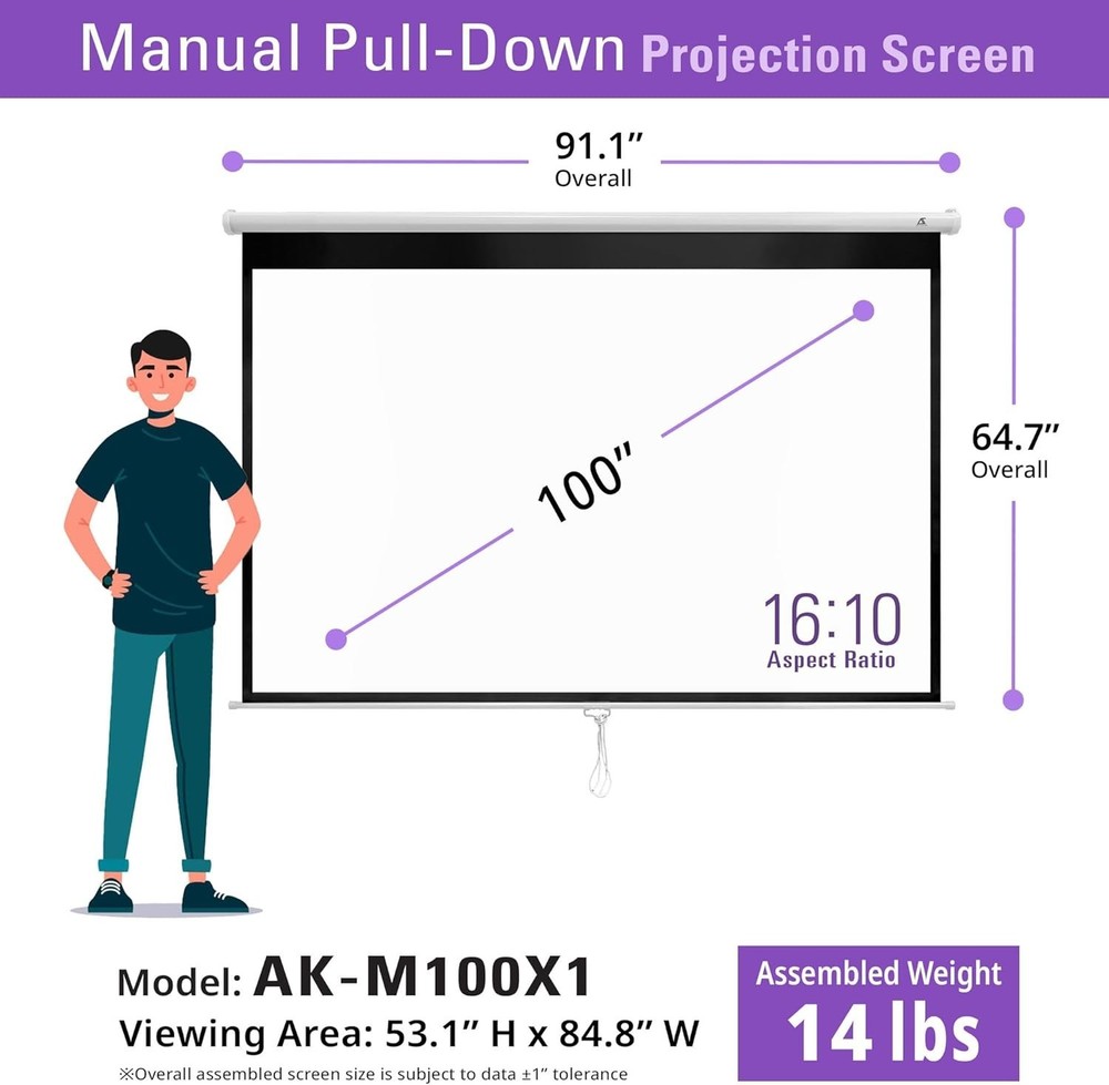 16:10 Retractable Projector Screen - Auto-Locking and Wall/Ceiling Mountable
