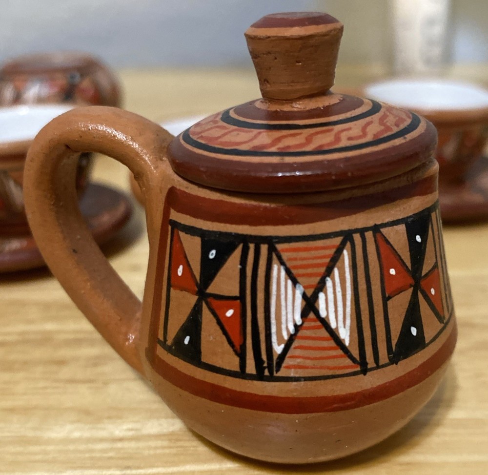 Cusco Peruvian 2” Miniature Clay Hand Decorated Glazed Tea Coffee Set 10 Pieces