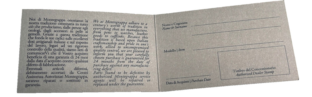 Montegrappa International Guarantee Certificate