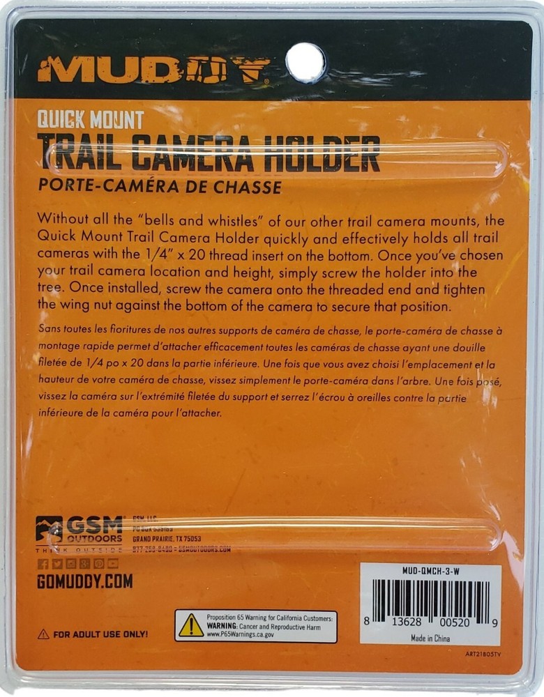 MUDDY Screw in Quick Mount Trail Camera Holder with 1/4"x20 thread insert 3 pack