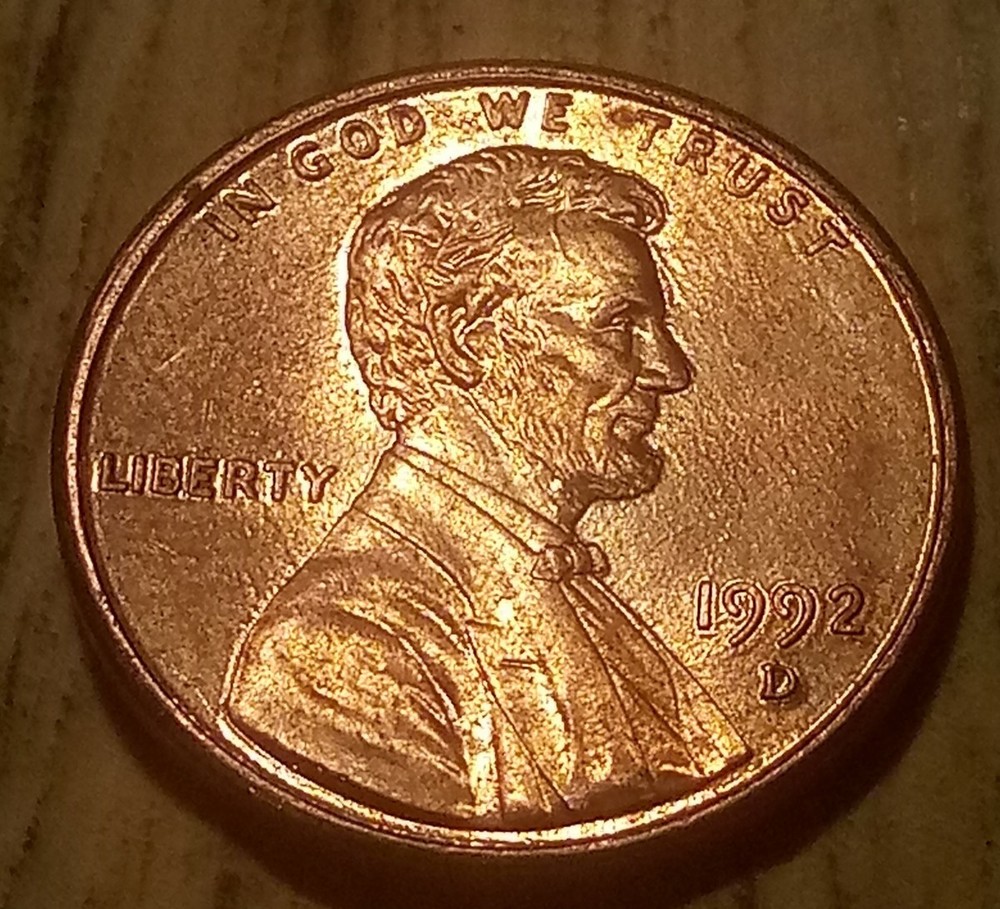1992 D Lincoln Penny, DDO Date, Split Tounge Error, Raw, Uncleaned