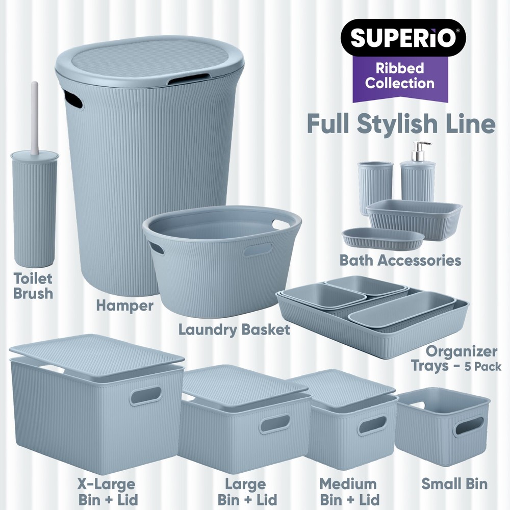 Decorative Plastic Laundry Basket with Cut-Out Handle 35 Liter, Stone Blue