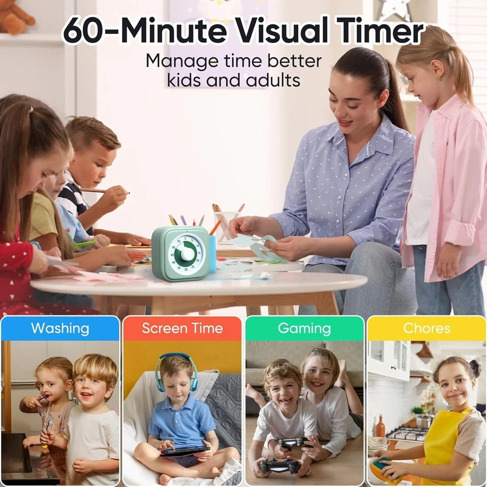 60 Minute Visual Timer for Kids, Silent Countdown Clock, Time Management Tool fo