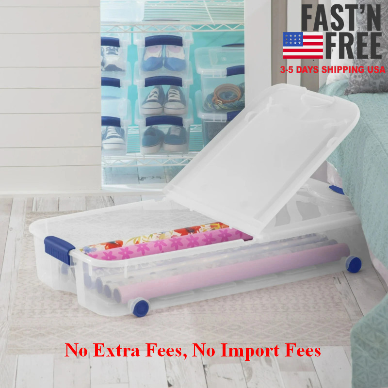 (2 pack) Sterilite Large Storage Bin 66Qt Clear Underbed Storage Container, Blue