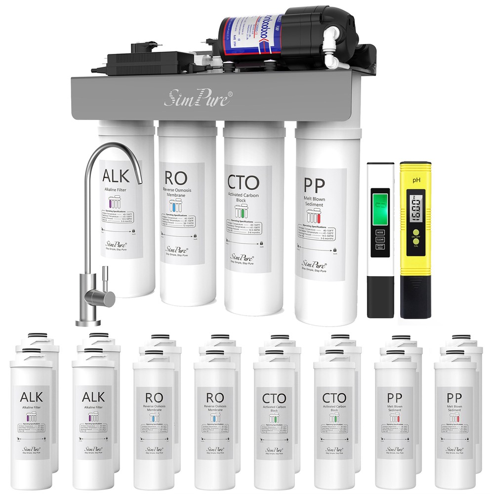 SimPure WP2-400GPD UV Alkaline pH+ Reverse Osmosis Water System+LCD TDS PH Meter