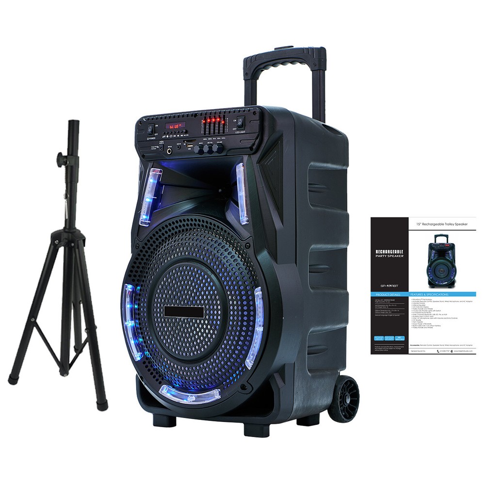 15'' Bluetooth Rechargeable Trolley Speaker w/LED Light Mic Remote Tripod Stand