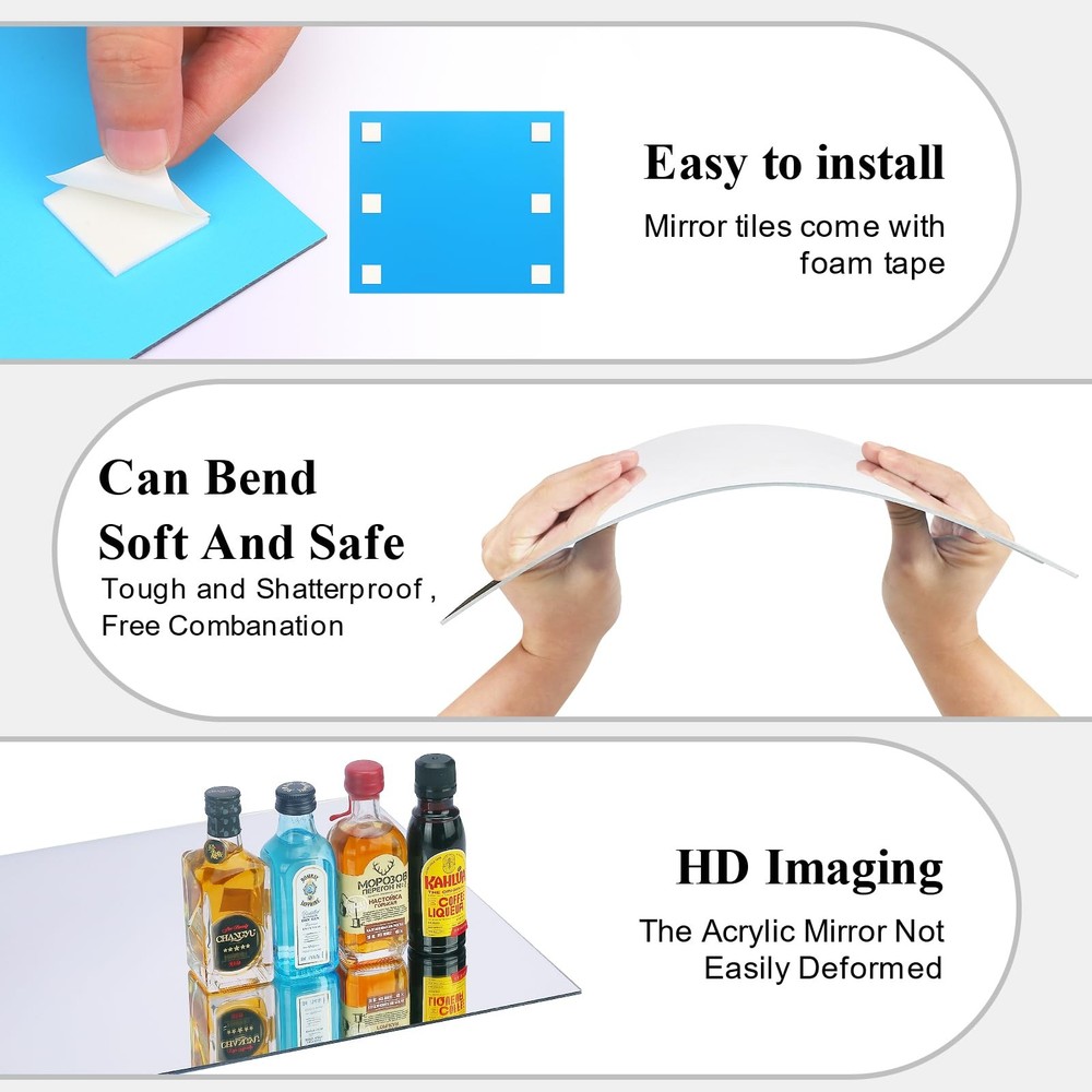 Acrylic Wall Mirror, 4 Pack, 12x12 Inch, Frameless, Modern, Rectangular, Shatter
