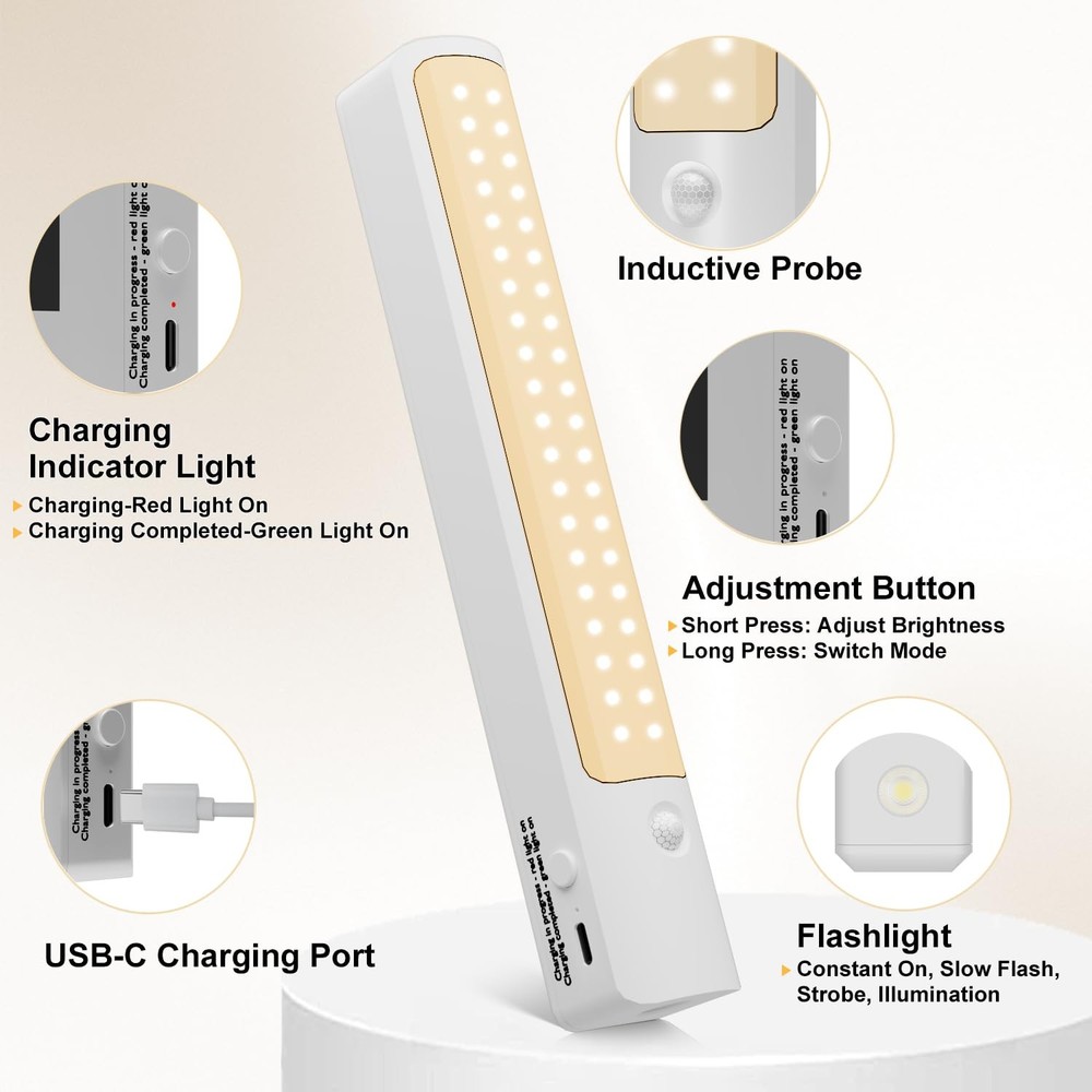 Under Cabinet Lighting Wireless Rechargeable Motion Light, 2 Pack Warm Light,...