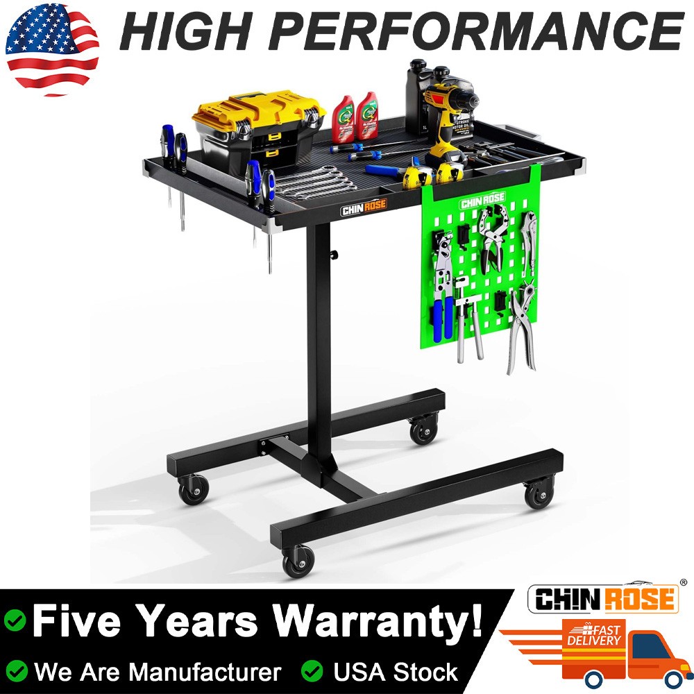 Rolling Tools Cart w/ Wheel Adjustable Height Mobile Work Table Adjustable Cart