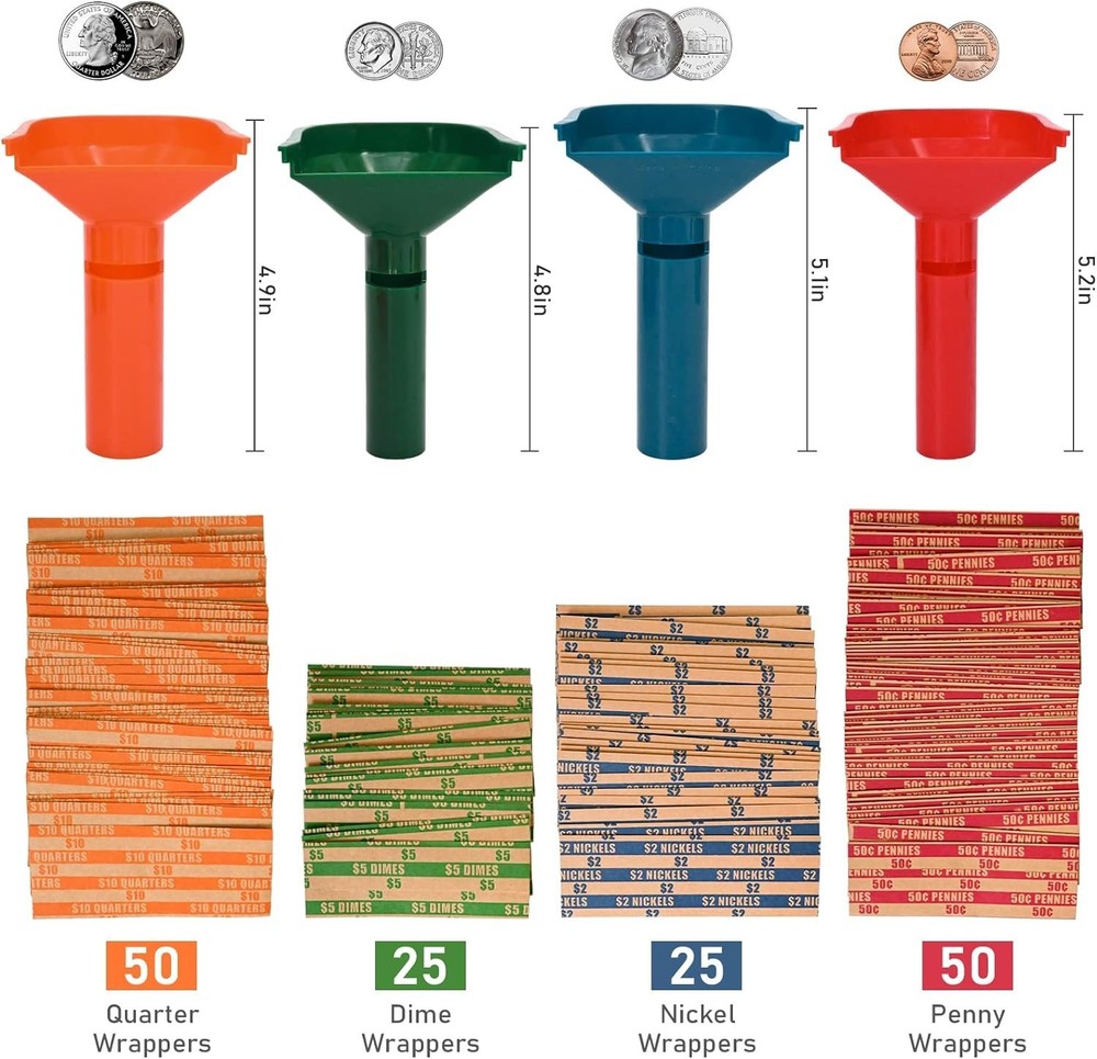 150 Assorted Coin Wrappers & 4 Color-Coded Sorter Tubes – Easy Loading
