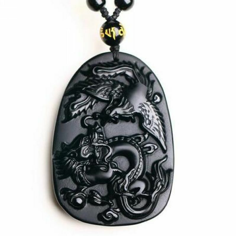 Natural Black Obsidian Dragon Phenix Necklace Pendant Amulet with Bead Chain