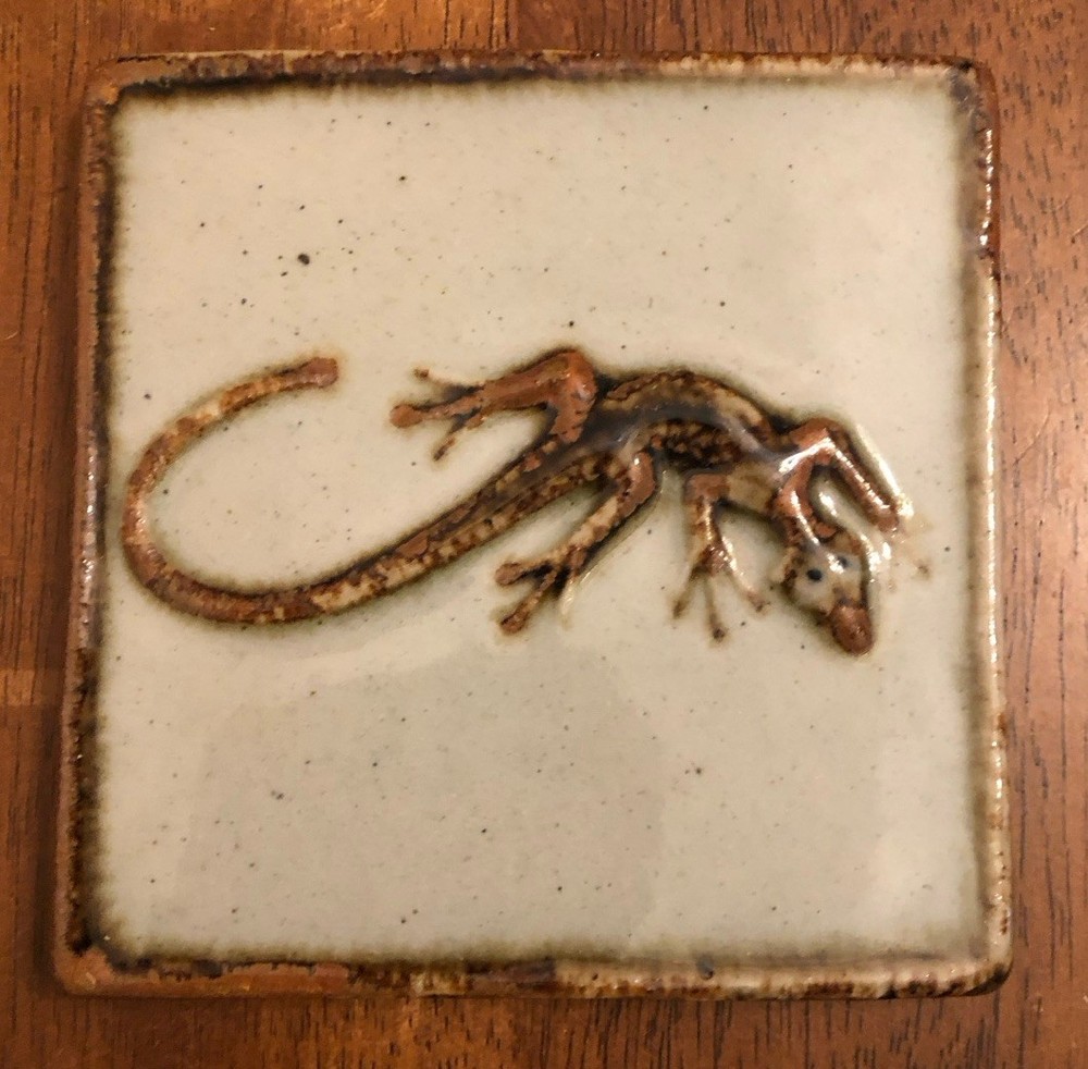 Glazed Pottery Ceramic Tile Lizard 4 In Signed Mex