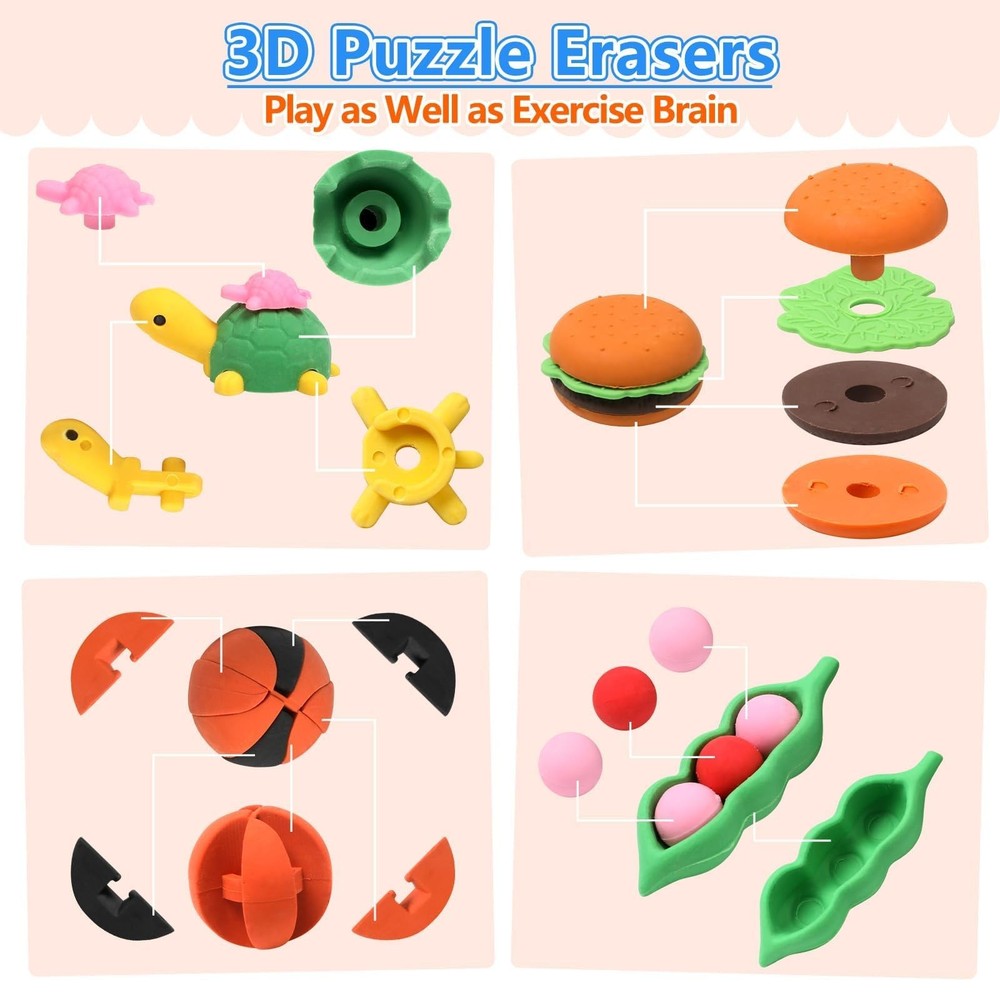 HINZER 100 Pack Animal Erasers for Kids Bulk Pull Apart 3D Puzzle Assorted