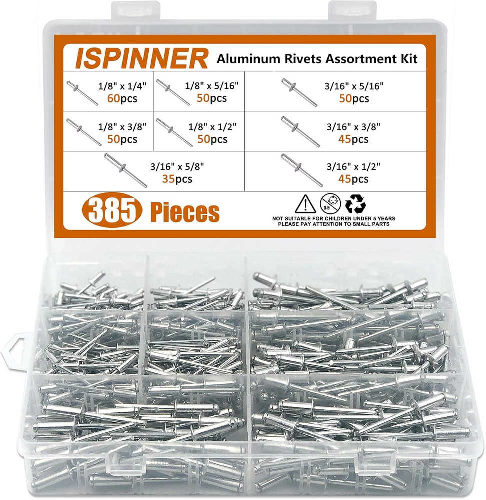 ISPINNER 385Pcs 8 Sizes Aluminum Blind Rivets, Pop Rivets Assortment Kit (Silver