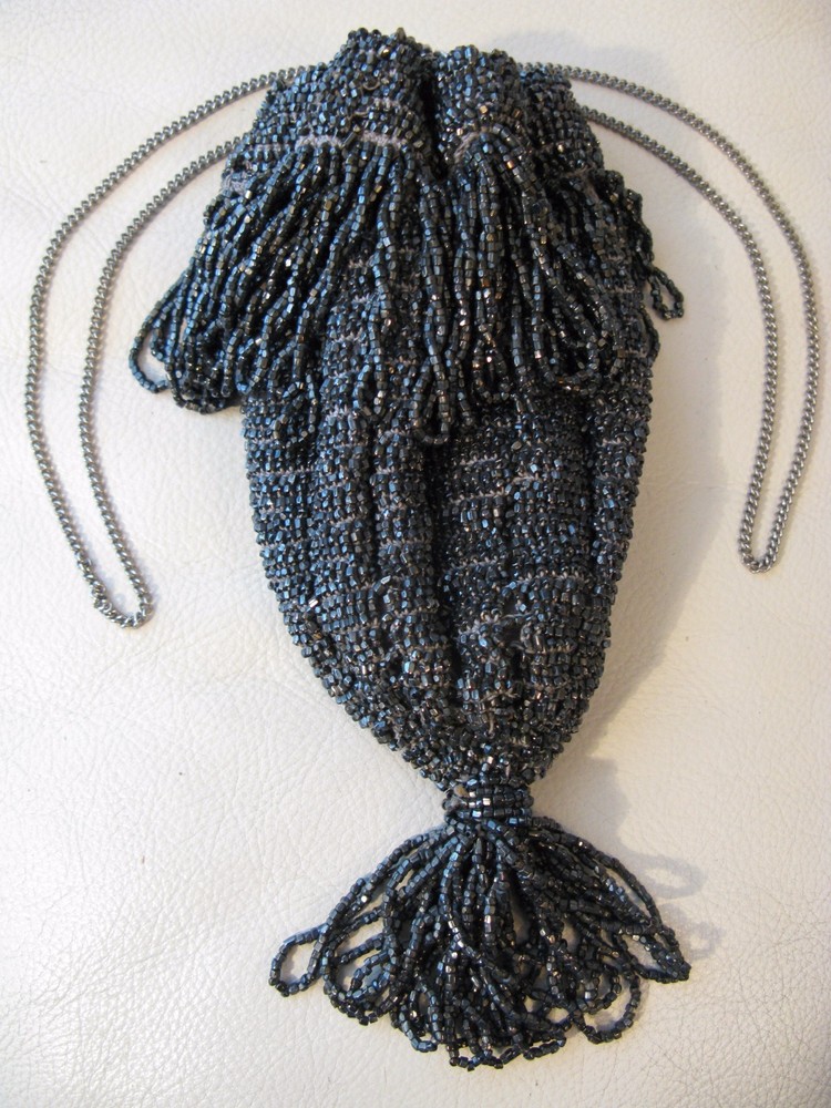 Antique Art Deco Crochet Silver Grey Bead Lined Chain Drawstring Flapper Purse