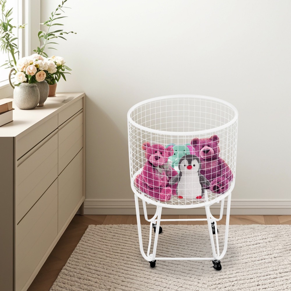 White Laundry Basket Storage Cart Round Rolling Laundry Hamper with 4 Wheels US