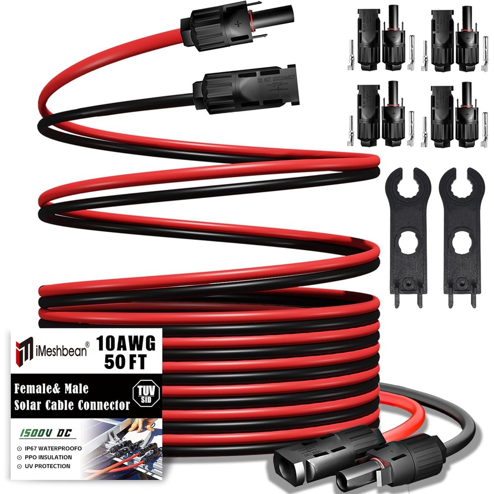 10AWG Solar Panel Extension Cable 50FT Black+Red Cable Flexible Wire Connectors