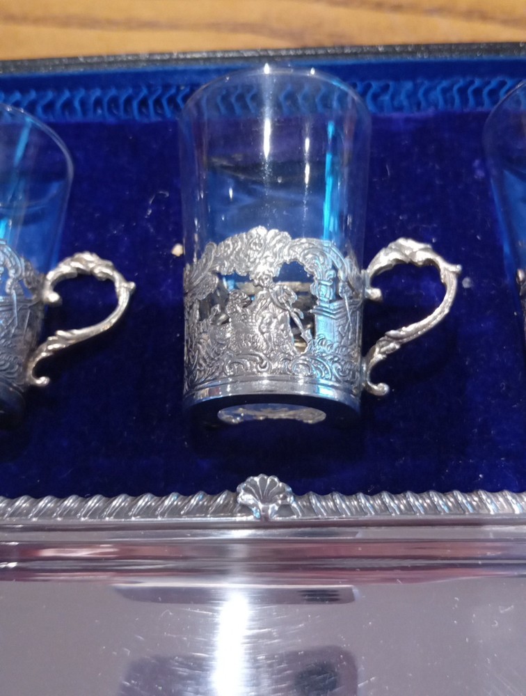 AntiqueBoxed Solid Silver Liquer and Salver Set.