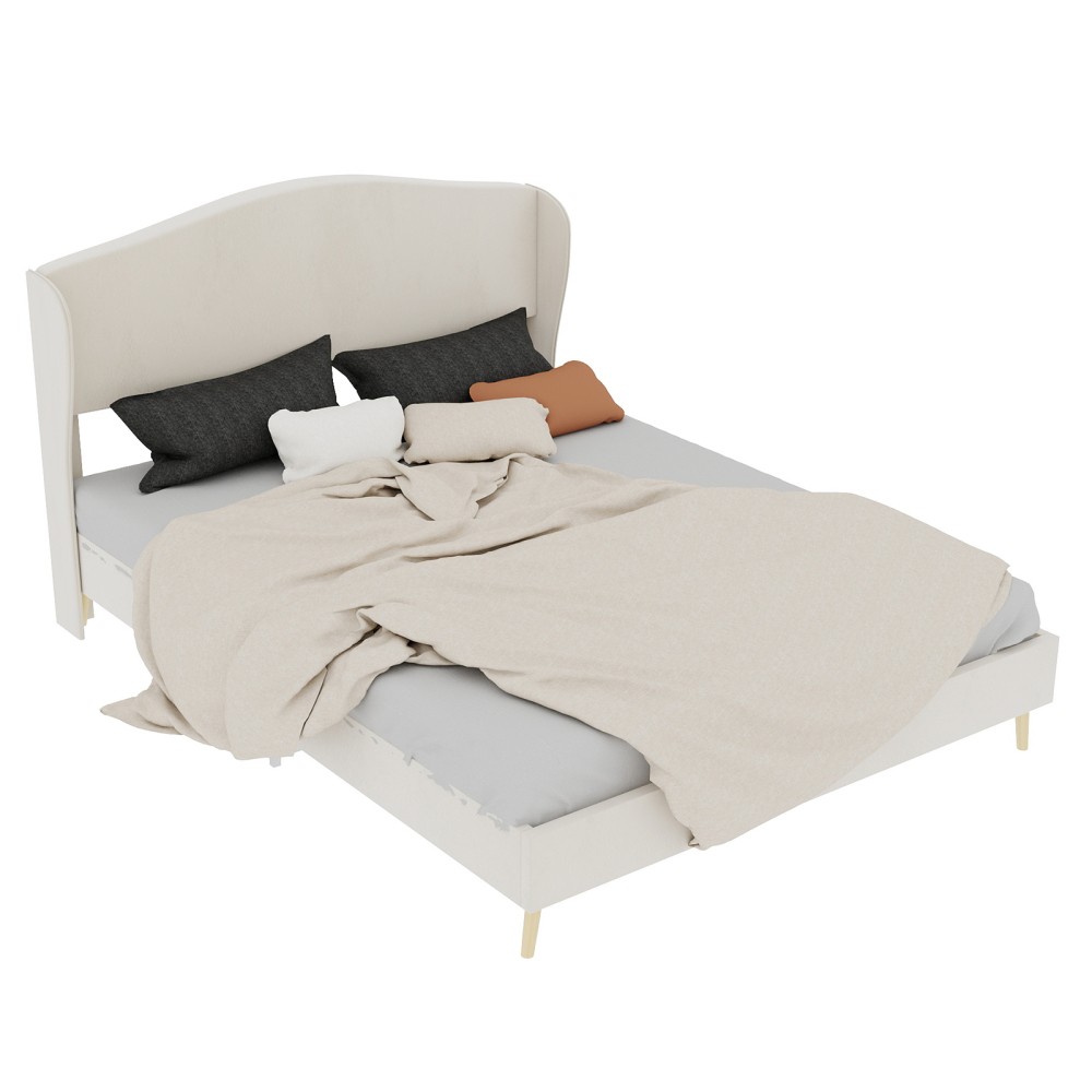 Platform Queen Bed Frame with Velvet Tufted Headboard, Supportive, Beige