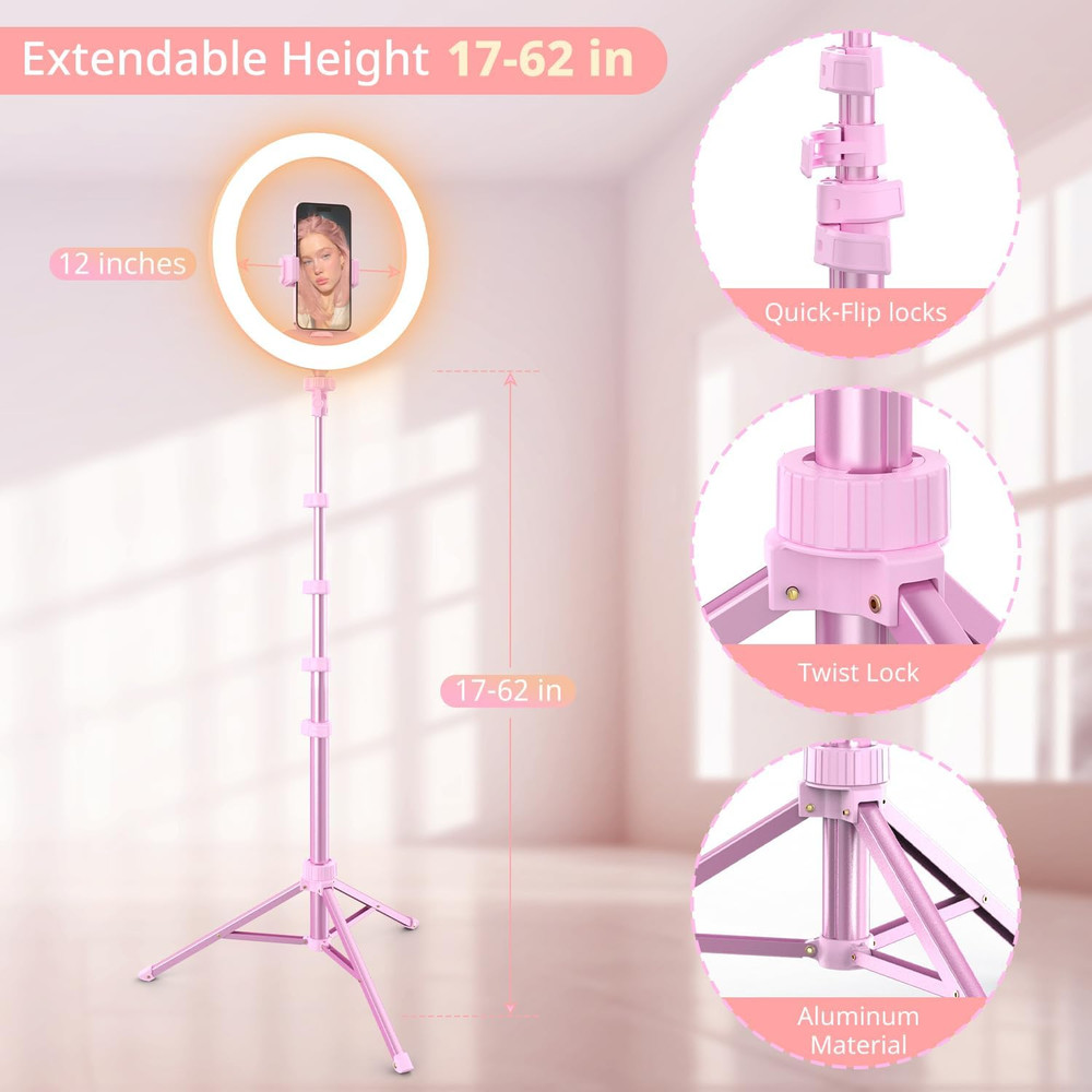 12” Selfie Ring Light with 62” Extendable Tripod Stand & Remote, LED Light with