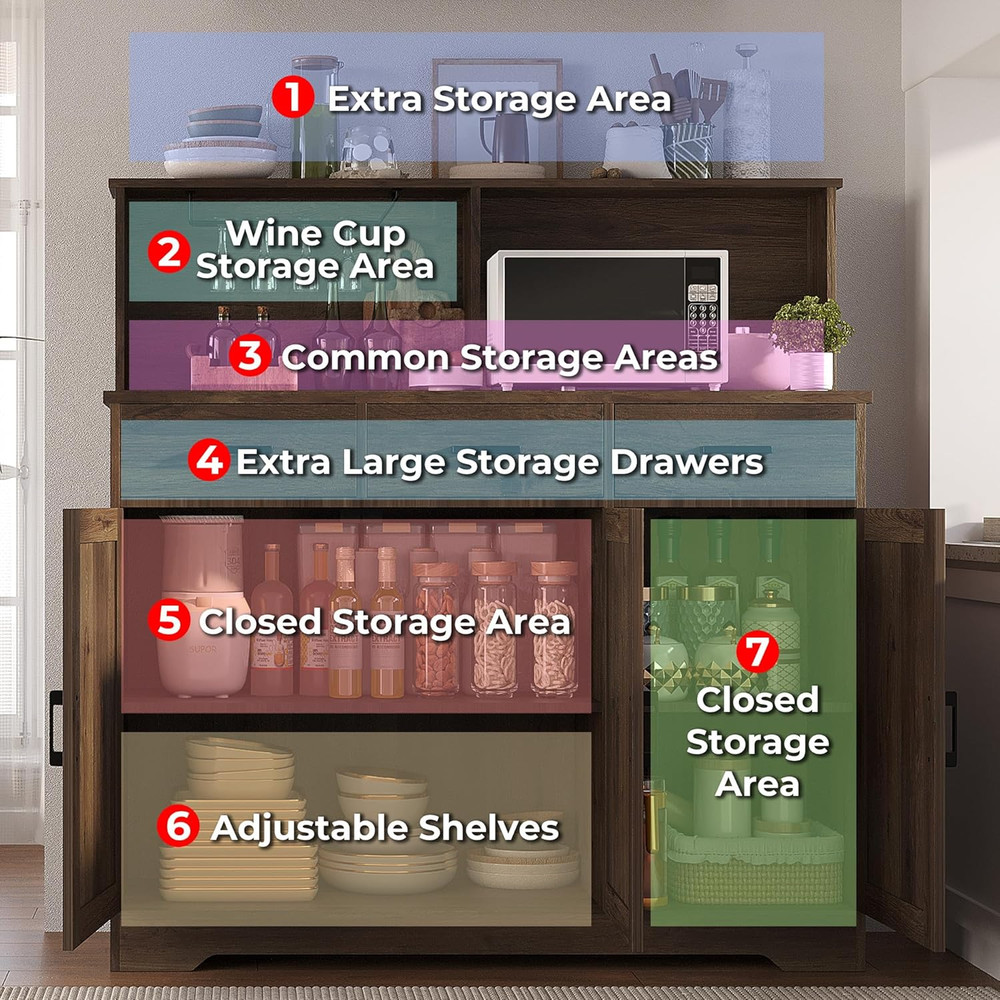 Rustic Buffet Cabinet with Microwave Stand, Barn Doors & Storage Shelves, Brown