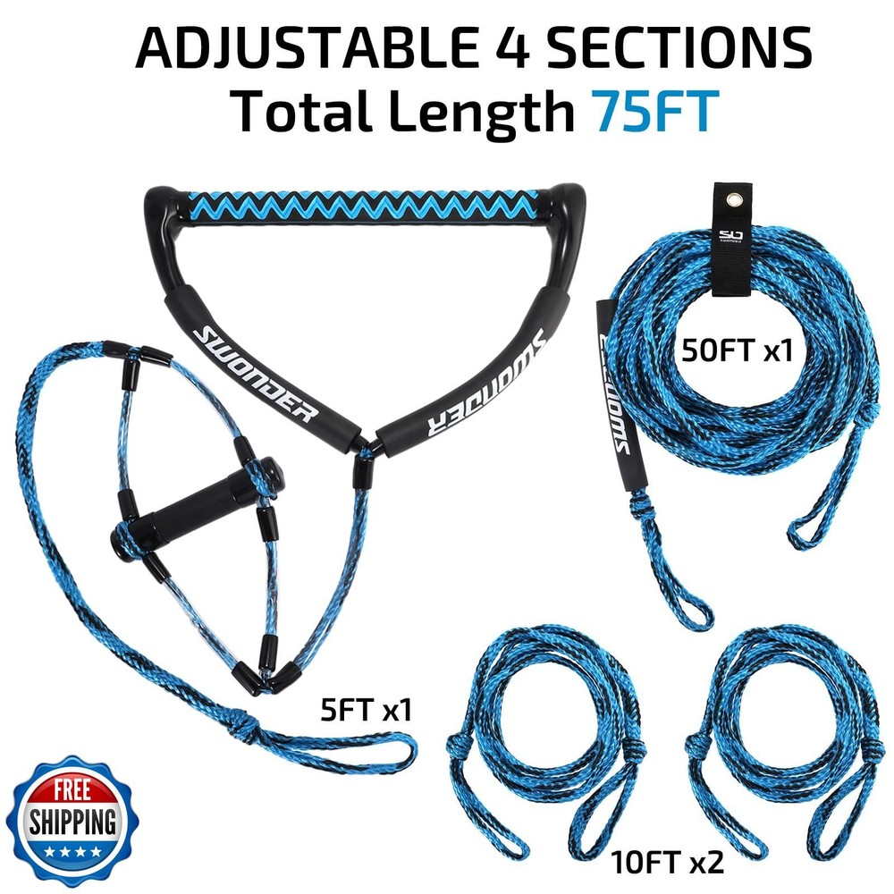 Swonder Wakeboard Rope 75ft - Water Ski Rope with Double Handle - 4 Sections