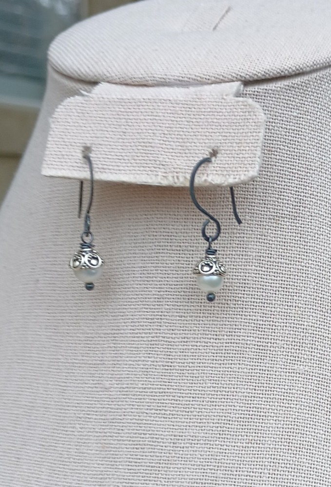 Artisan Blackened Sterling Silver & Pearl Earrings, NEW