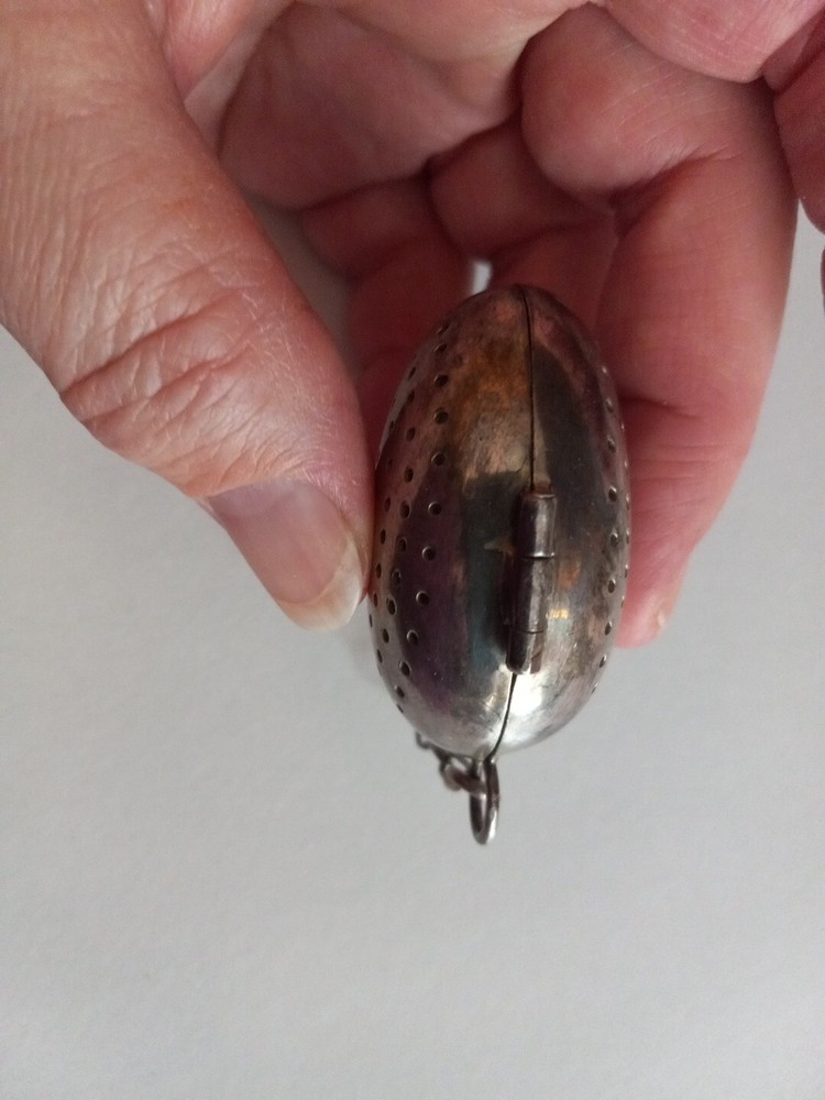 Antique Signed Silver Tea Strainer stamped AEC. Old egg shaped quality