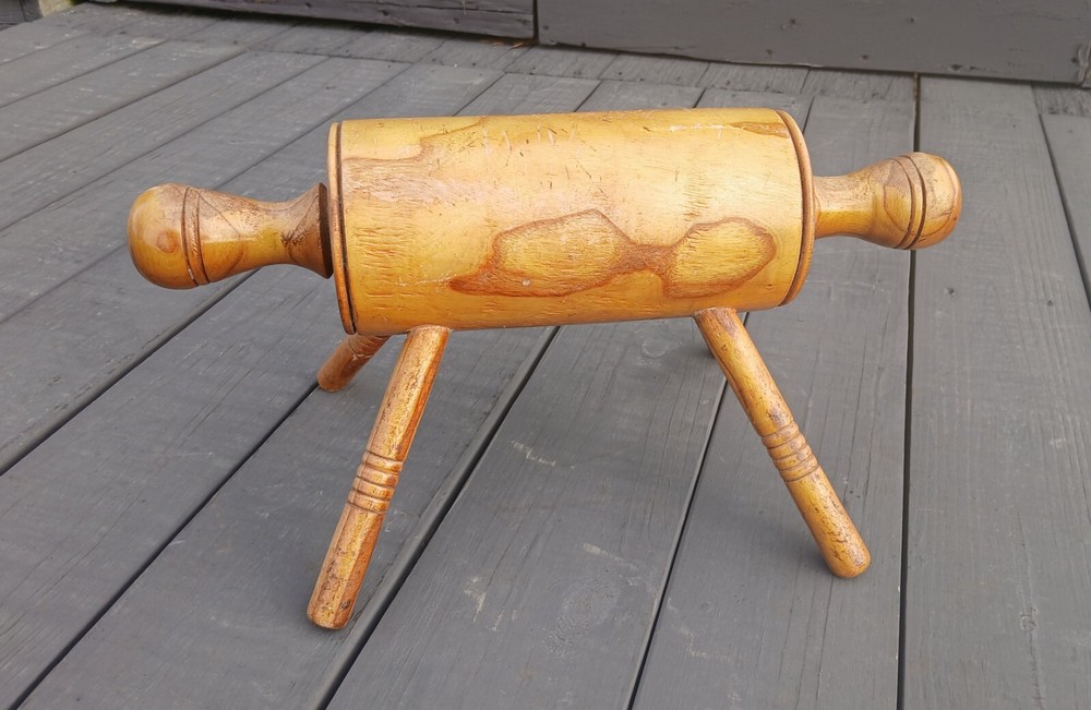 Antique Maple Wood Rolling Pin Foot Stool Hand Crafted Signed 1968
