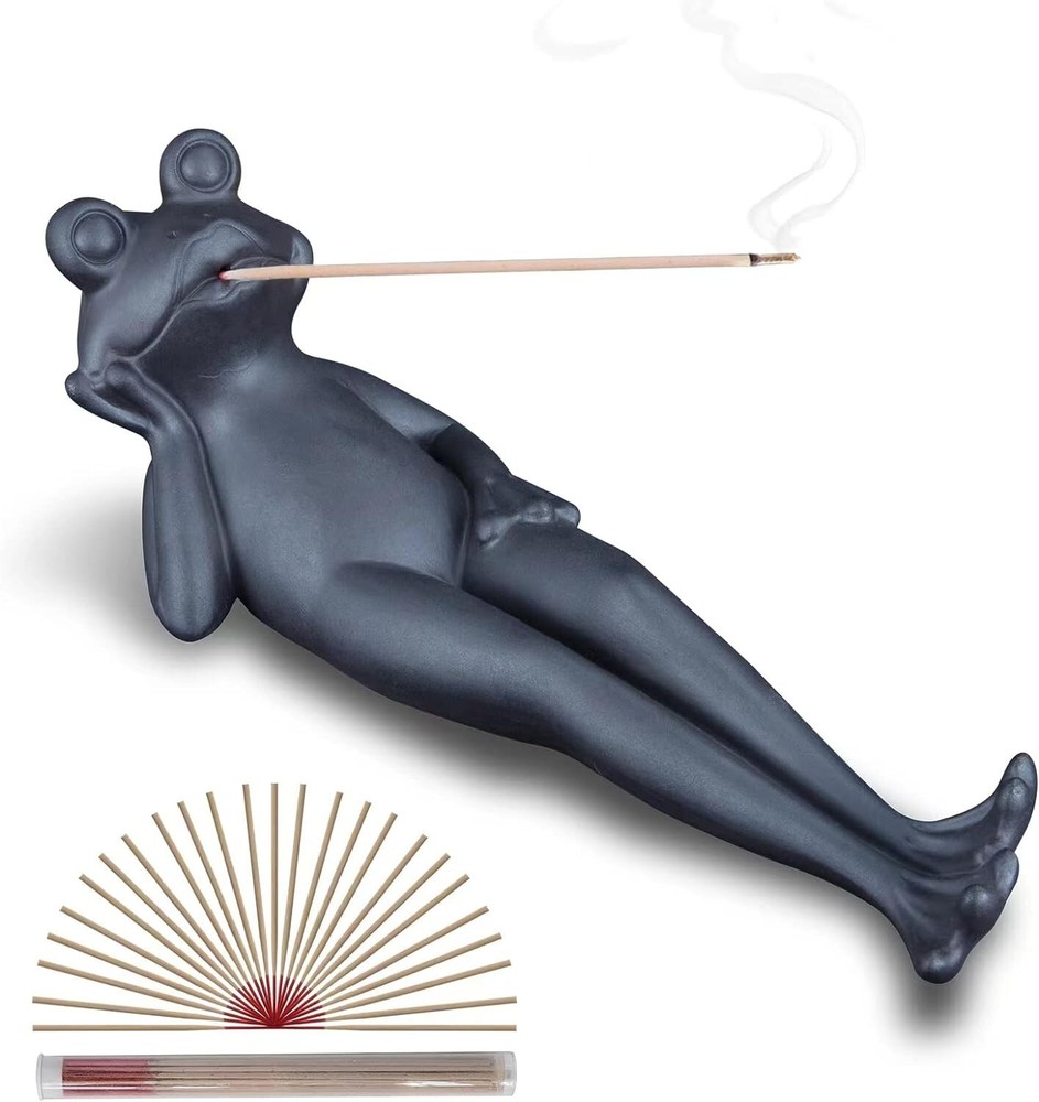Frog Incense Holder, Handmade Ceramic Black Incense Holder Set with 30 Incense