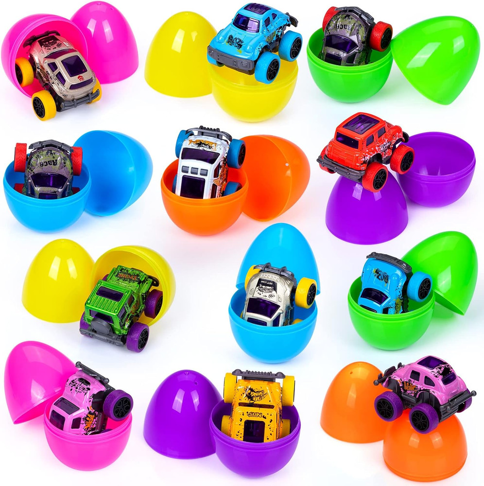 12 Pcs Easter Eggs Filled with Pull Back Cars, Easter Egg Prefilled with Trucks
