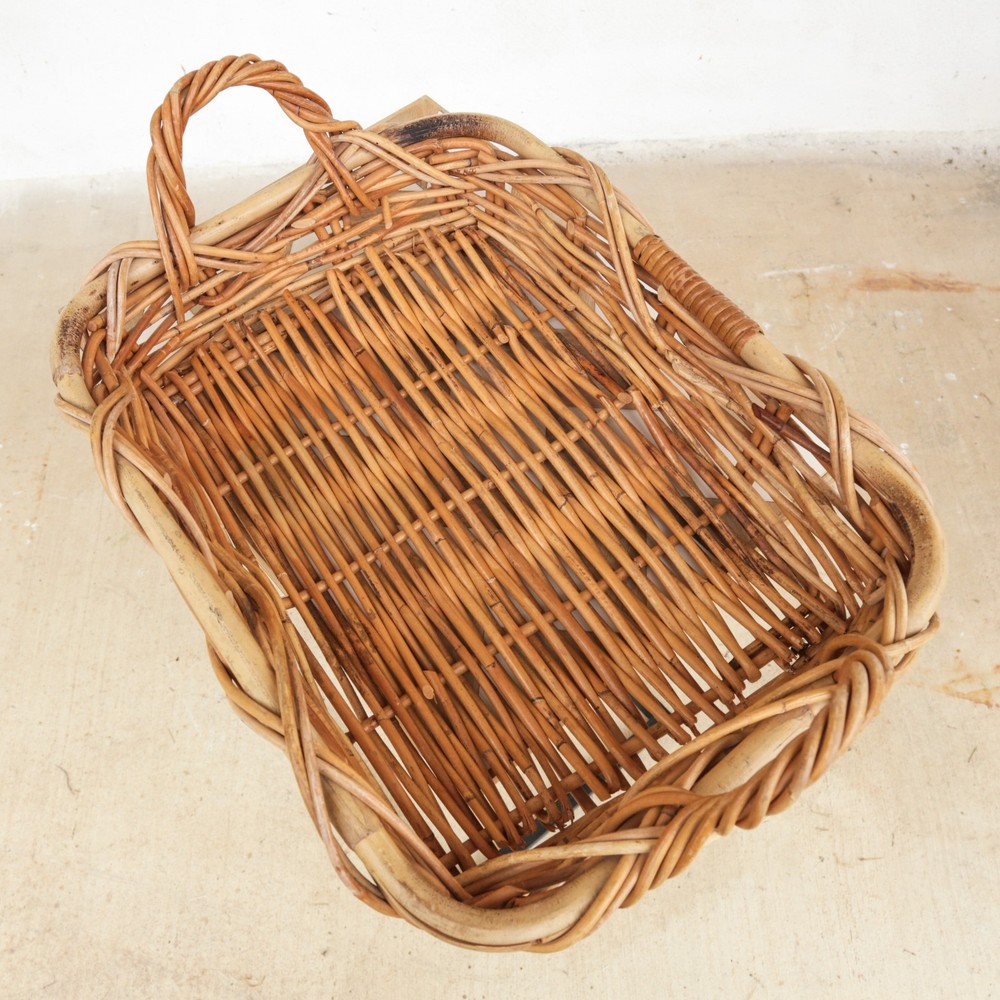 Vintage Mid-century Wicker Casserole Carrier Basket Chunky Rectangular w Handles
