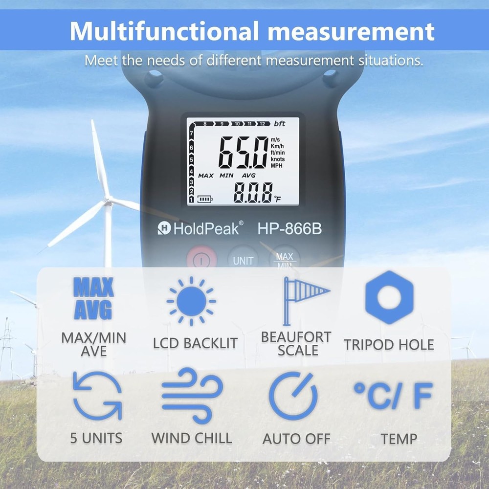Lightweight Handheld Anemometer with Tripod Hole