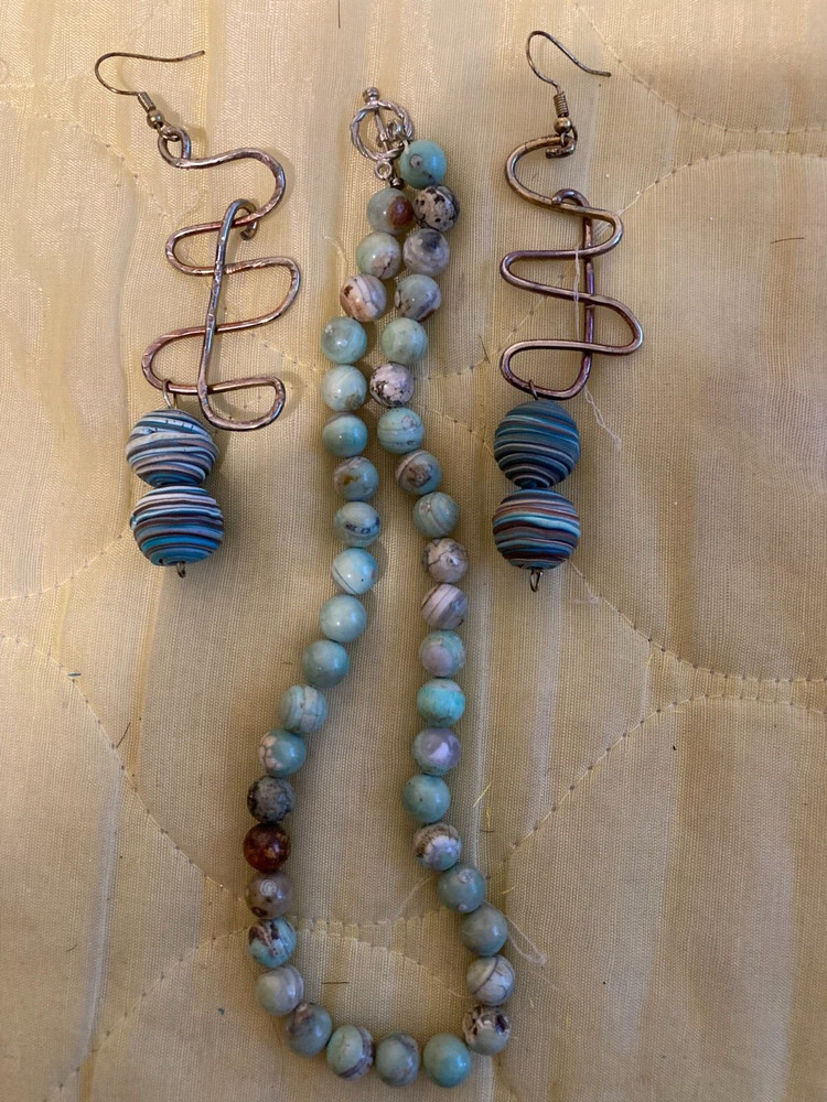 Brown & Blue Clay Double Beaded Statement Earrings with 13" Necklace