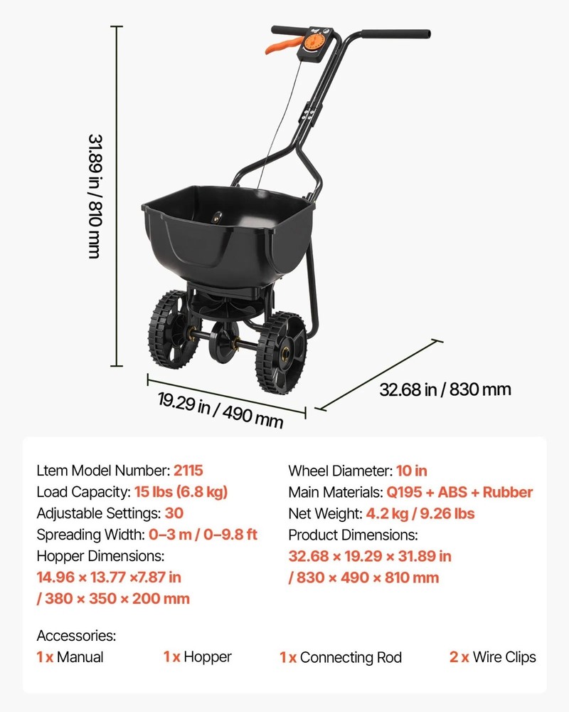 Walk-Behind Spreader, 9.8ft Spreading Width, Push Broadcast Spreader with 10"