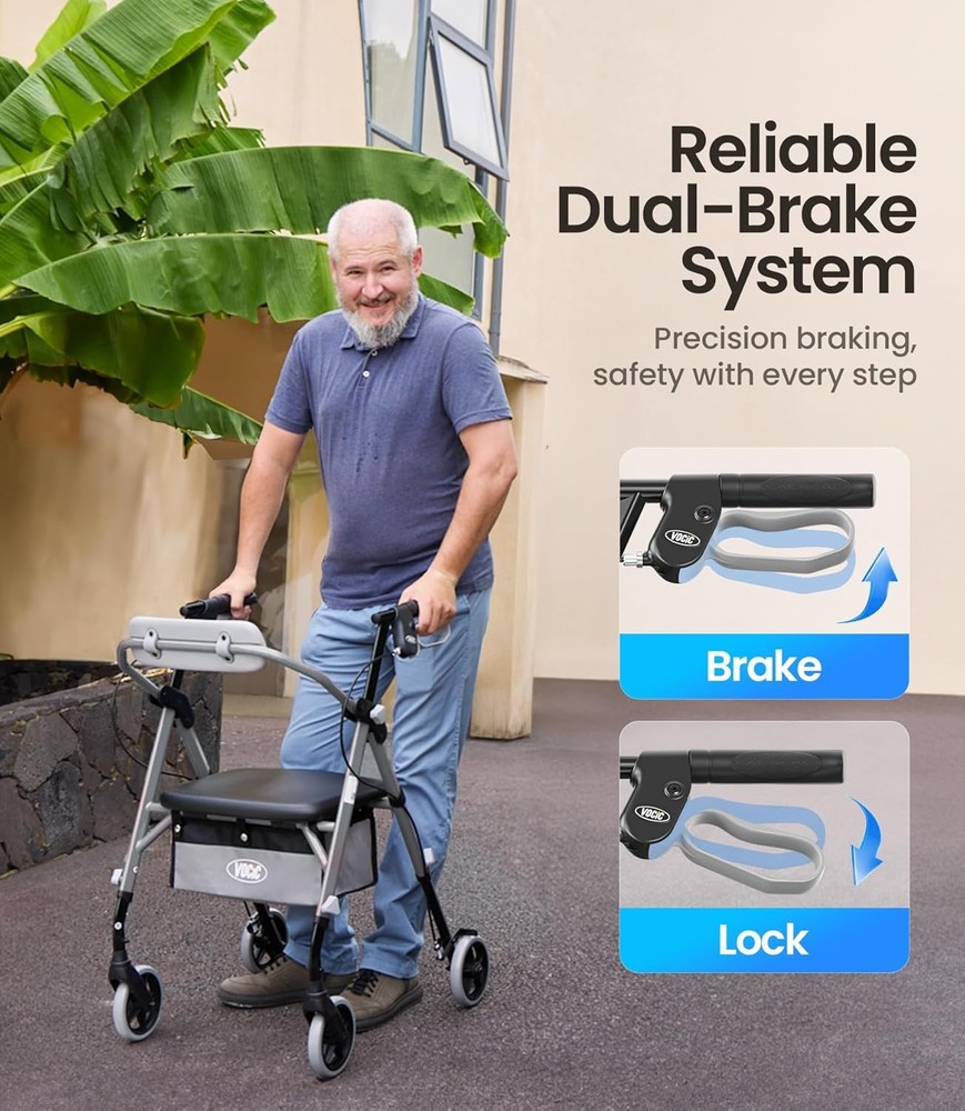 Rollator Walker for Seniors with Seat, Foldable, Adjustable Height, 380lbs