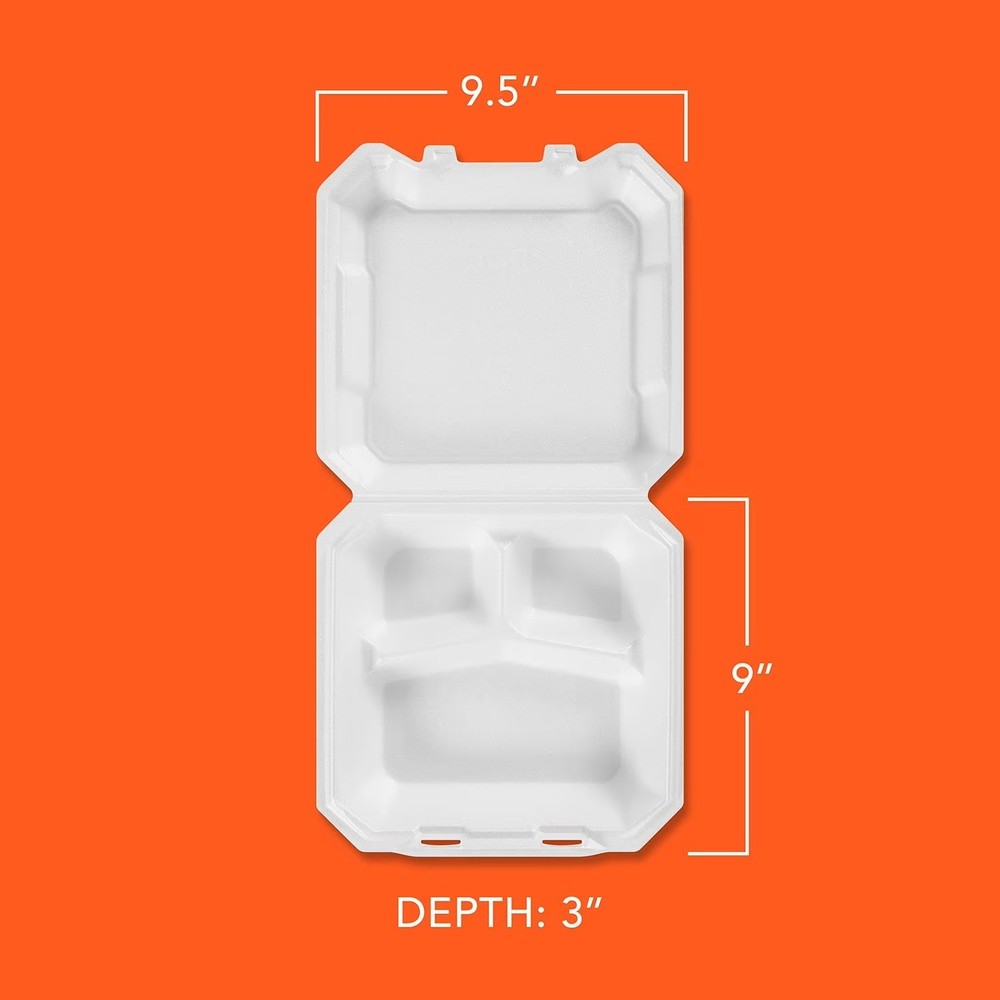 Hefty Supreme Foam Hinged Lid Container, 3-Compartment 125 ct.