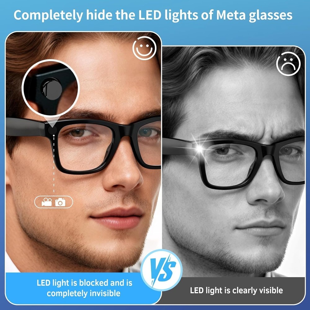 LED Light Blocker Covers for Ray-Ban Meta Glasses - 2 Pack, Adjustable Privacy