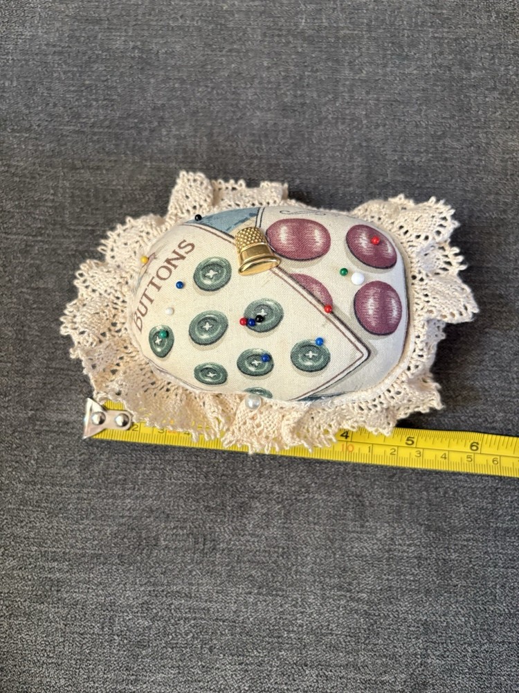 Vintage Pin Cushion; includes Pins, Button Themed With Lace Has A Button Thimble