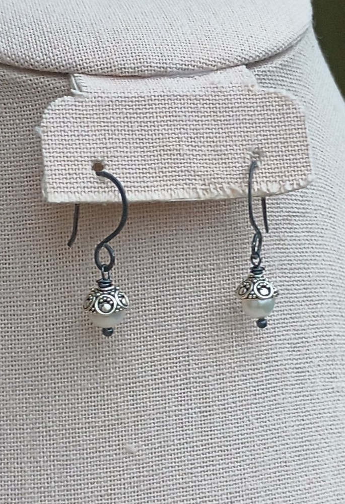 Artisan Blackened Sterling Silver & Pearl Earrings, NEW
