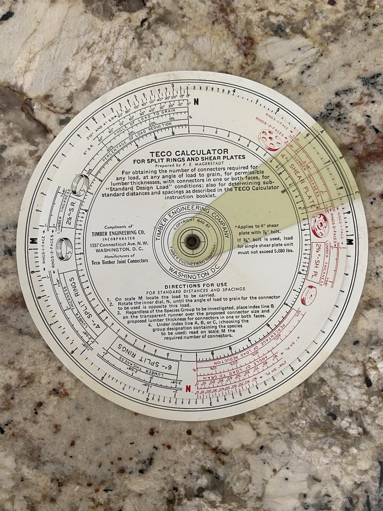 Timber Engineering Co. Teco Calculator - Split Rings Shear Plates - Slide Rule