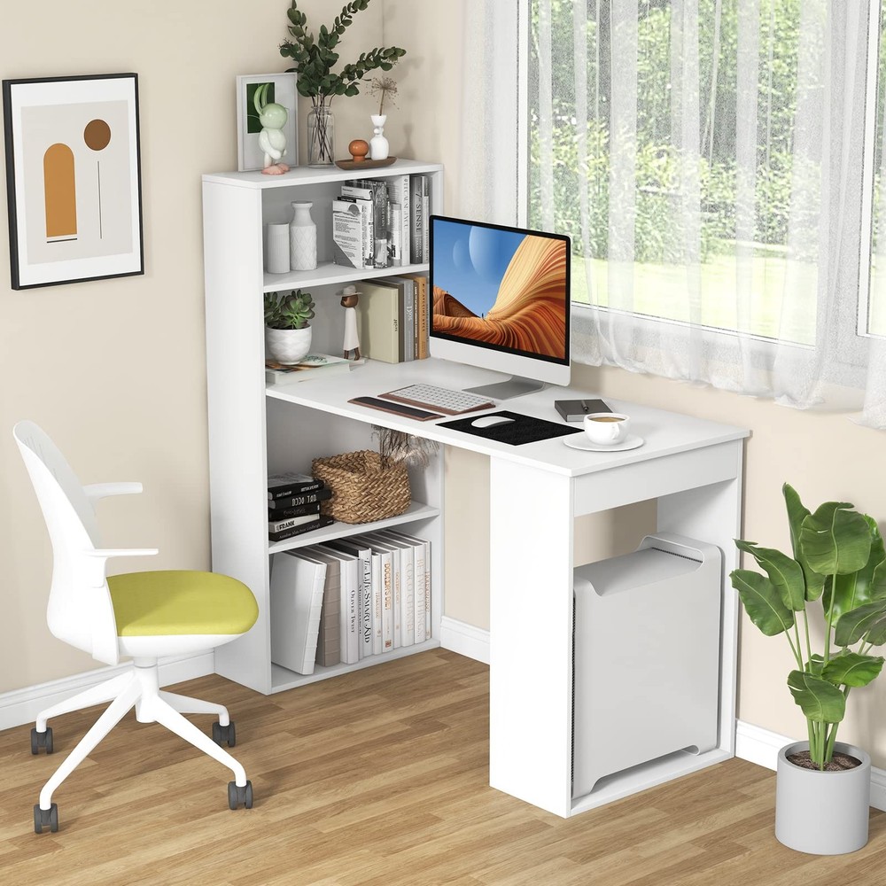 White Computer Desk with 6-Tier Storage Shelves Reversible Study Table CPU Stand