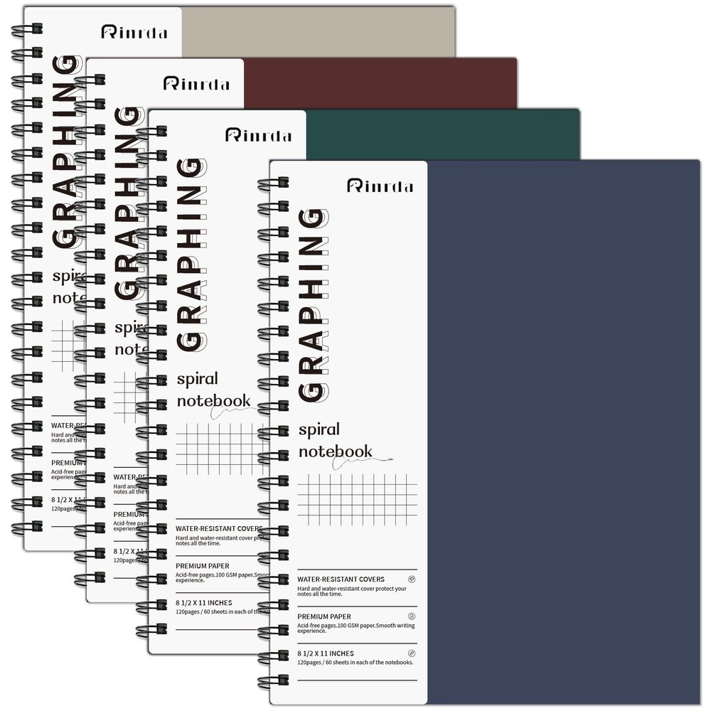 Rinrda Graph Paper Notebook Spiral 8.5" x 11"-4 Pack Grid Mult-color