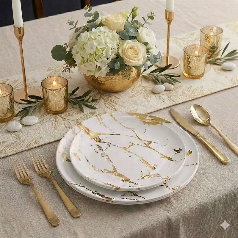 10pcs Elegant Gold Marble Plastic Plates Pattern Dinner Plates Reusable Washable